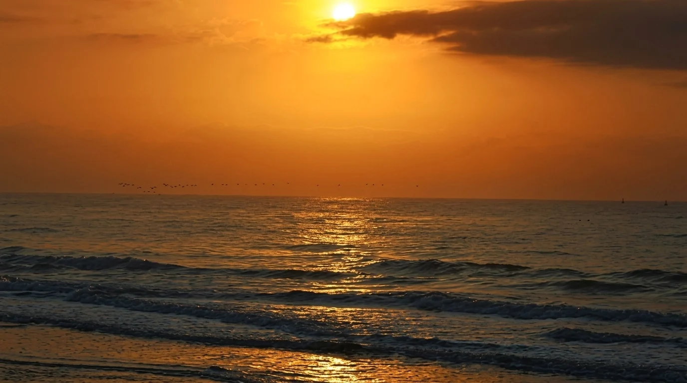 Golden sunset over ocean waves at Hilton Head Island beach.