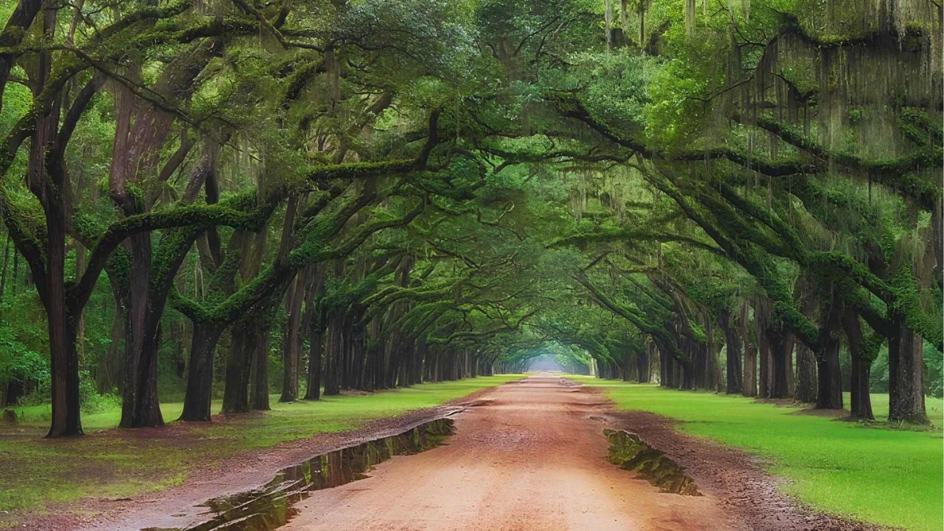 Wormsloe Historic Site oak avenue with moss-draped trees forming a green tunnel.