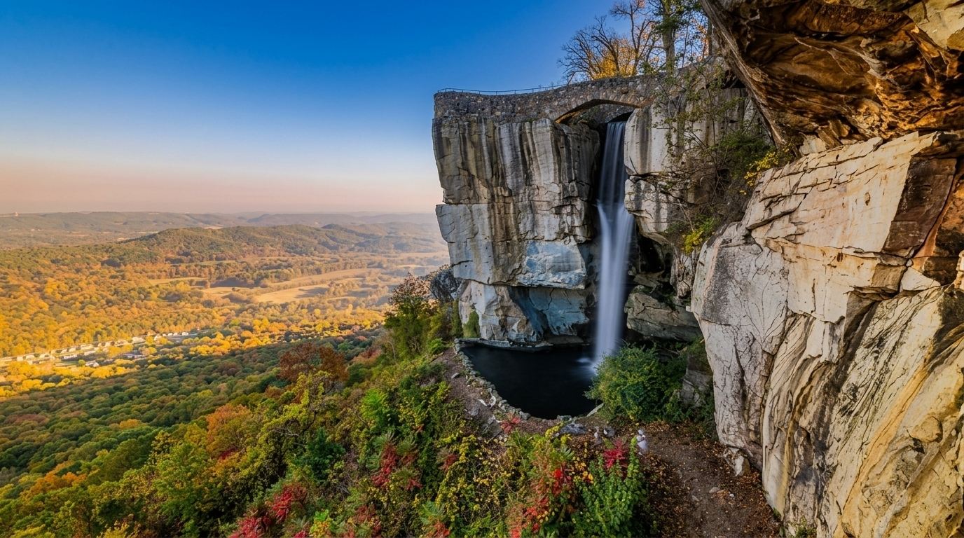 Lovers Leap waterfall flowing over Rock City cliff with golden fall foliage valley below