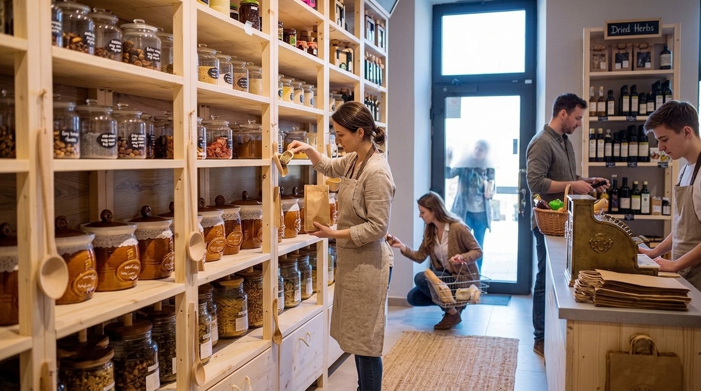 Staff scoops bulk goods at Savannah GA zero-waste shop with jars, herbs, and vintage register.
