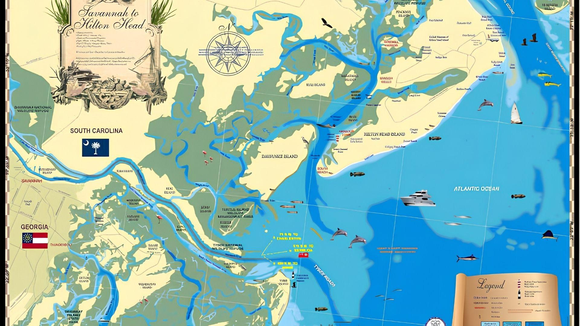 Map showing the route from Hilton Head to Savannah.