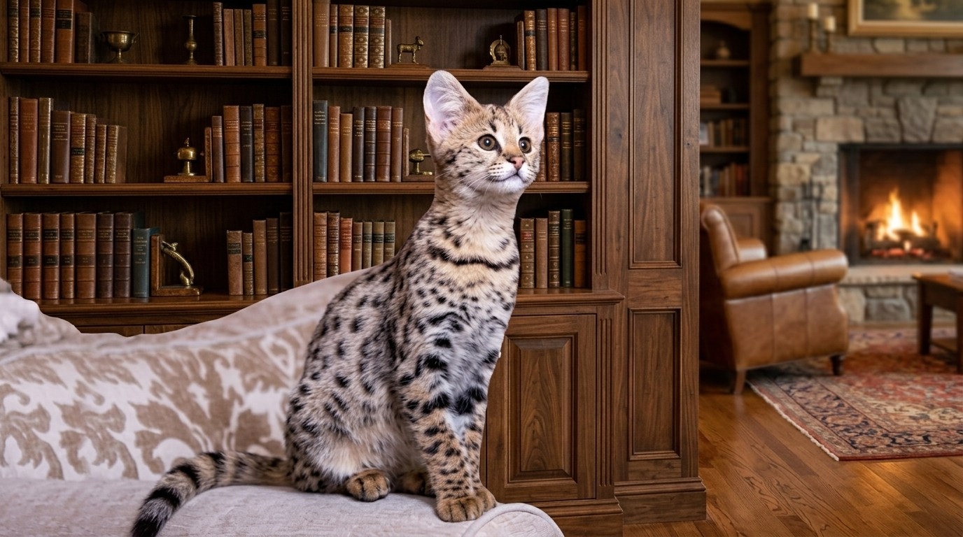 "Spotted Savannah cat sitting on couch showing healthy diet results"