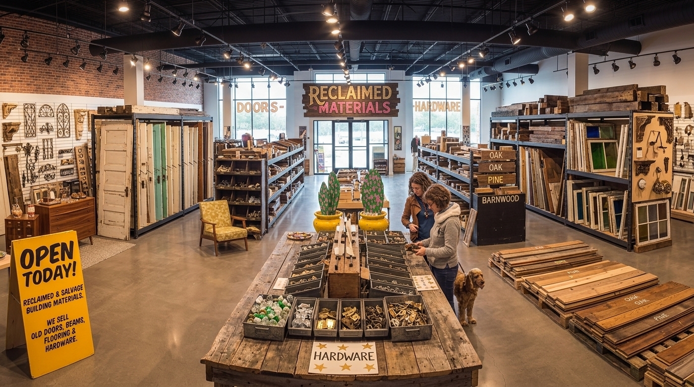 Savannah GA reclaimed materials store shows doors, barnwood, hardware, and shoppers with a dog.