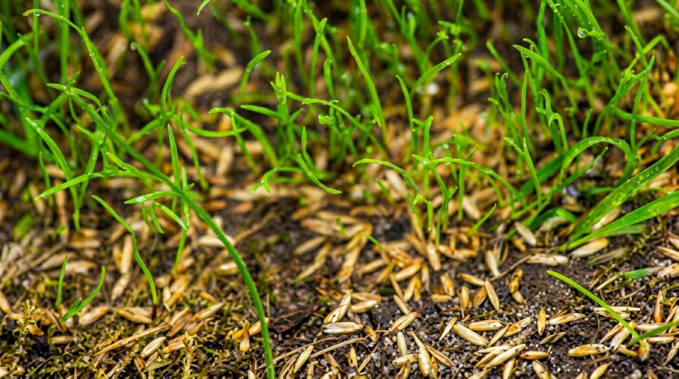 Grass seeds scattered on dark soil with bright green seedlings sprouting up after rain.