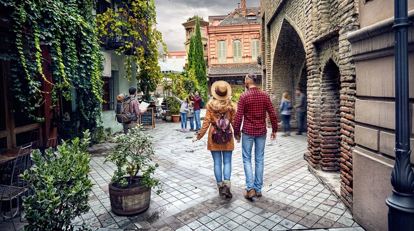 Couple strolling hand in hand through charming cobblestone alley with ivy covered buildings in Georgia