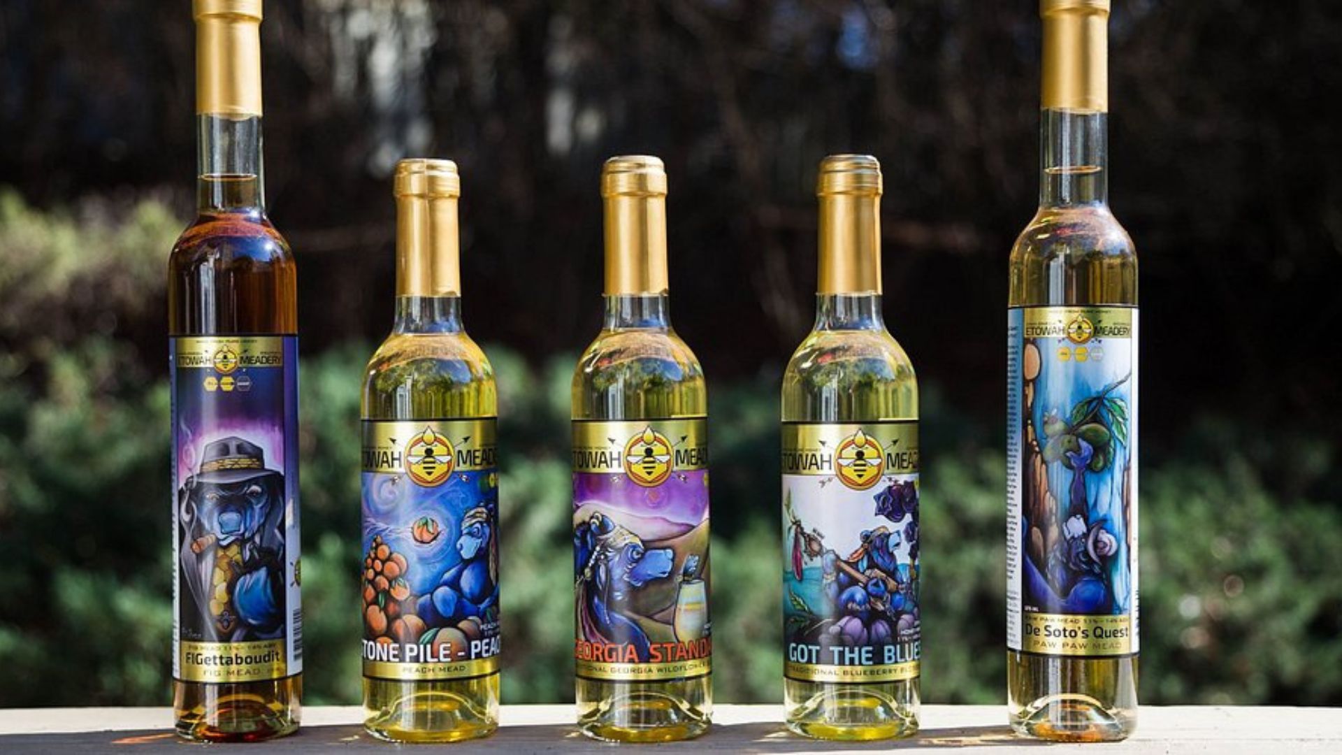 Five uniquely designed bottles of mead displayed together, showcasing various labels and colors at Etowah Meadery.