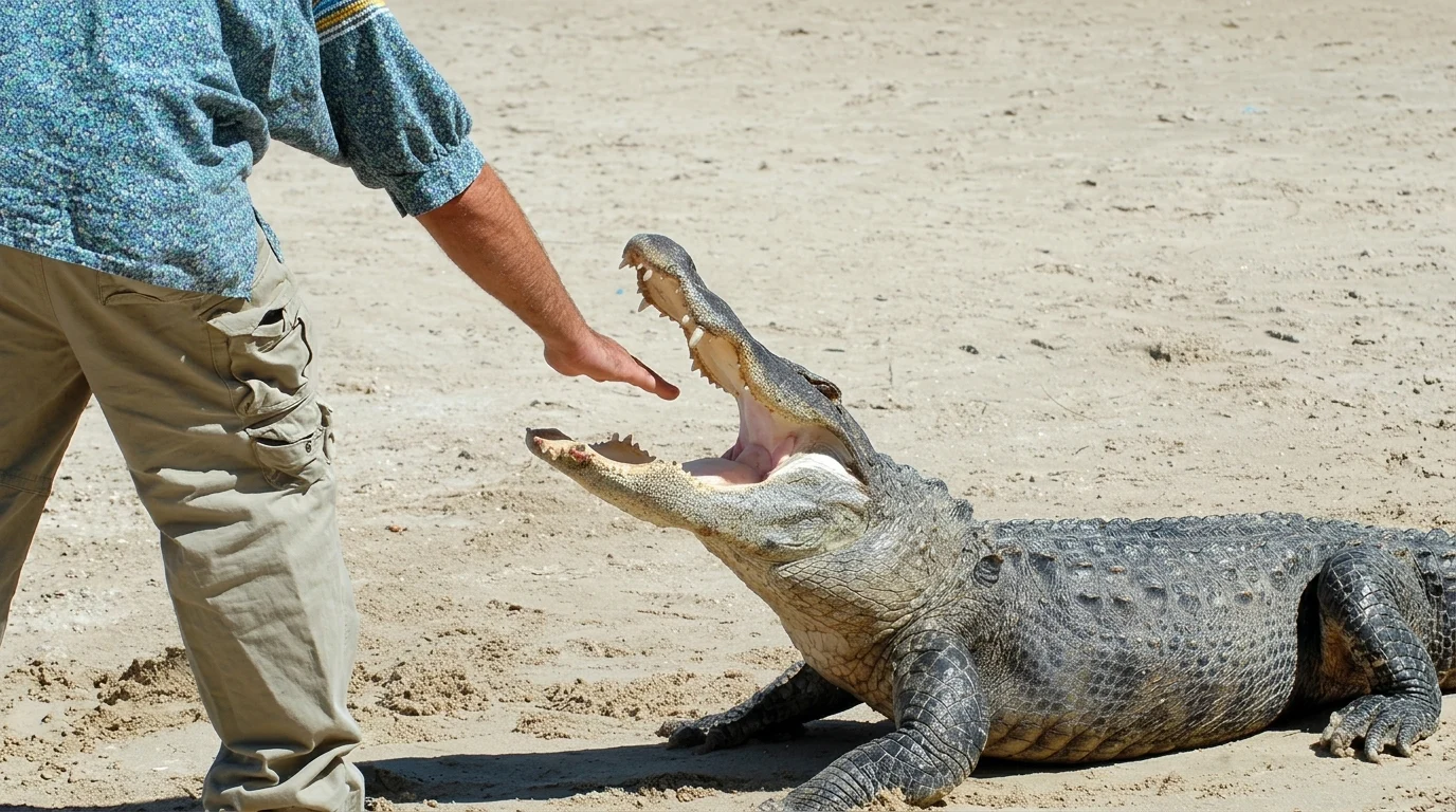 Alligator attacking a man.