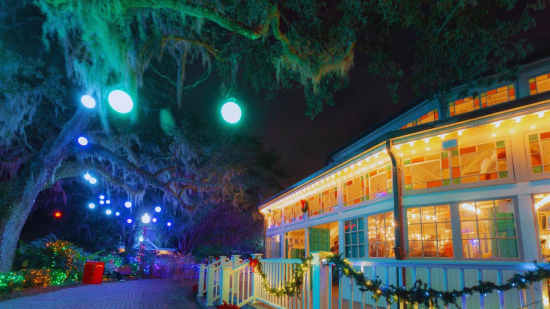 Celebration in the Oaks holiday lights display with glowing blue orbs, oak tree, decorated building, garland, nighttime