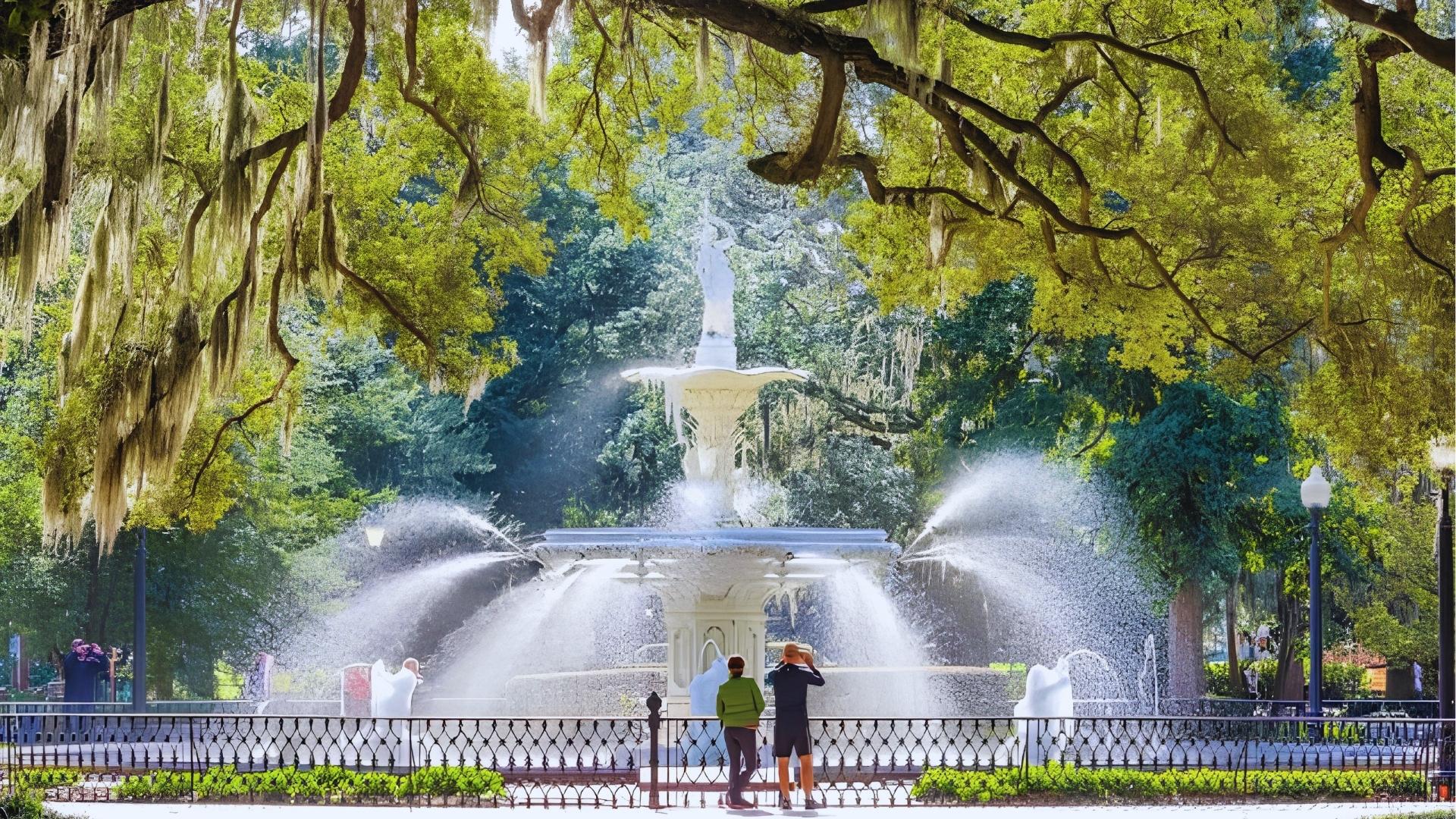 Iconic Forsyth Park fountain surrounded by live oaks with Spanish moss in Savannah, Georgia.