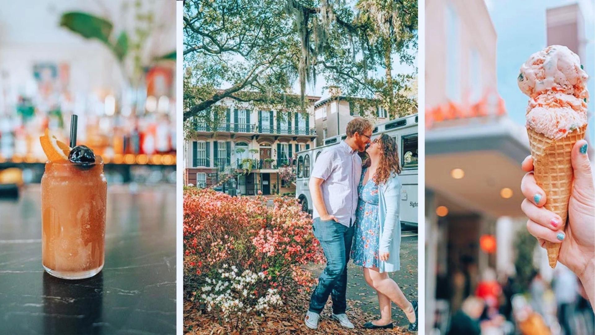 Savannah vacation highlights including cocktails, romantic historic tour, and Leopold's ice cream cone.