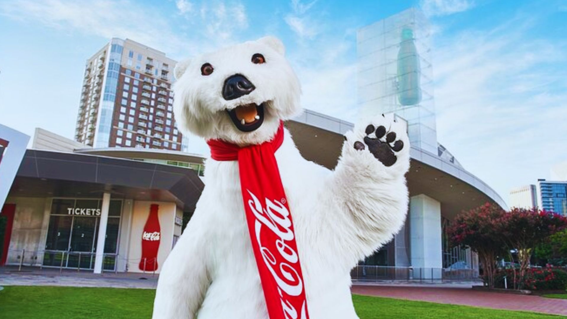 Coca Cola polar bear mascot waves outside World of Coca Cola attraction in downtown Atlanta.