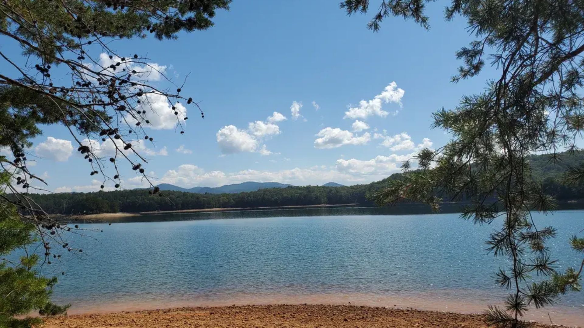 Lake Blue Ridge Loop showing calm water, pine trees, and distant mountains under blue skies.