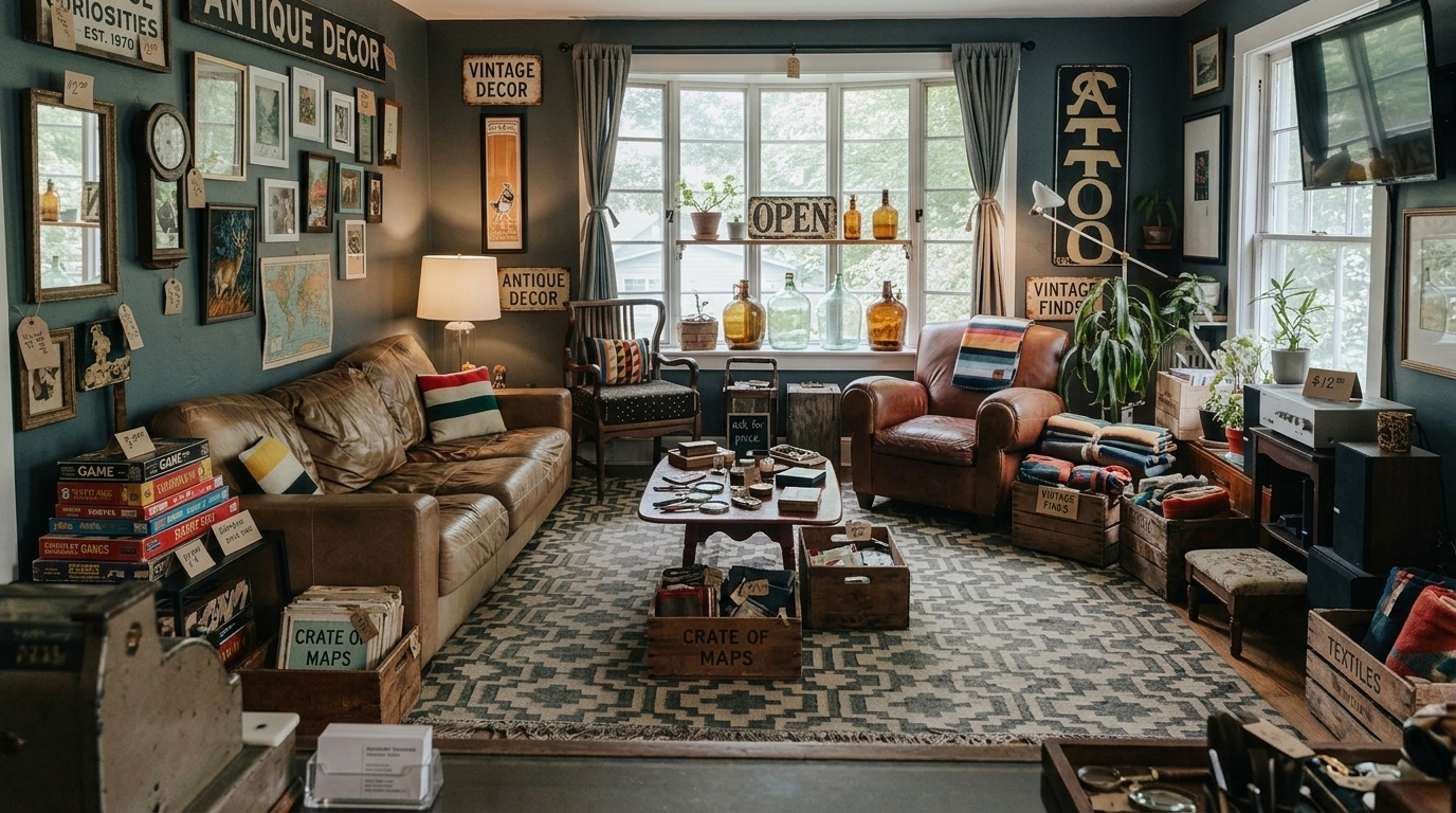 Cozy vintage thrift shop interior in Savannah GA with antique decor, leather chairs, and old finds.