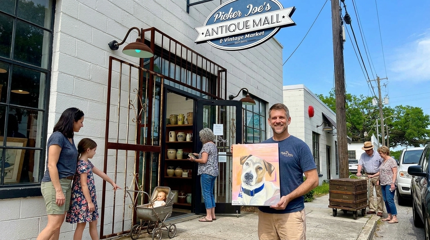 Families visits Picker Joe's Antique Mall in Savannah GA, holding art and vintage doll strollers.