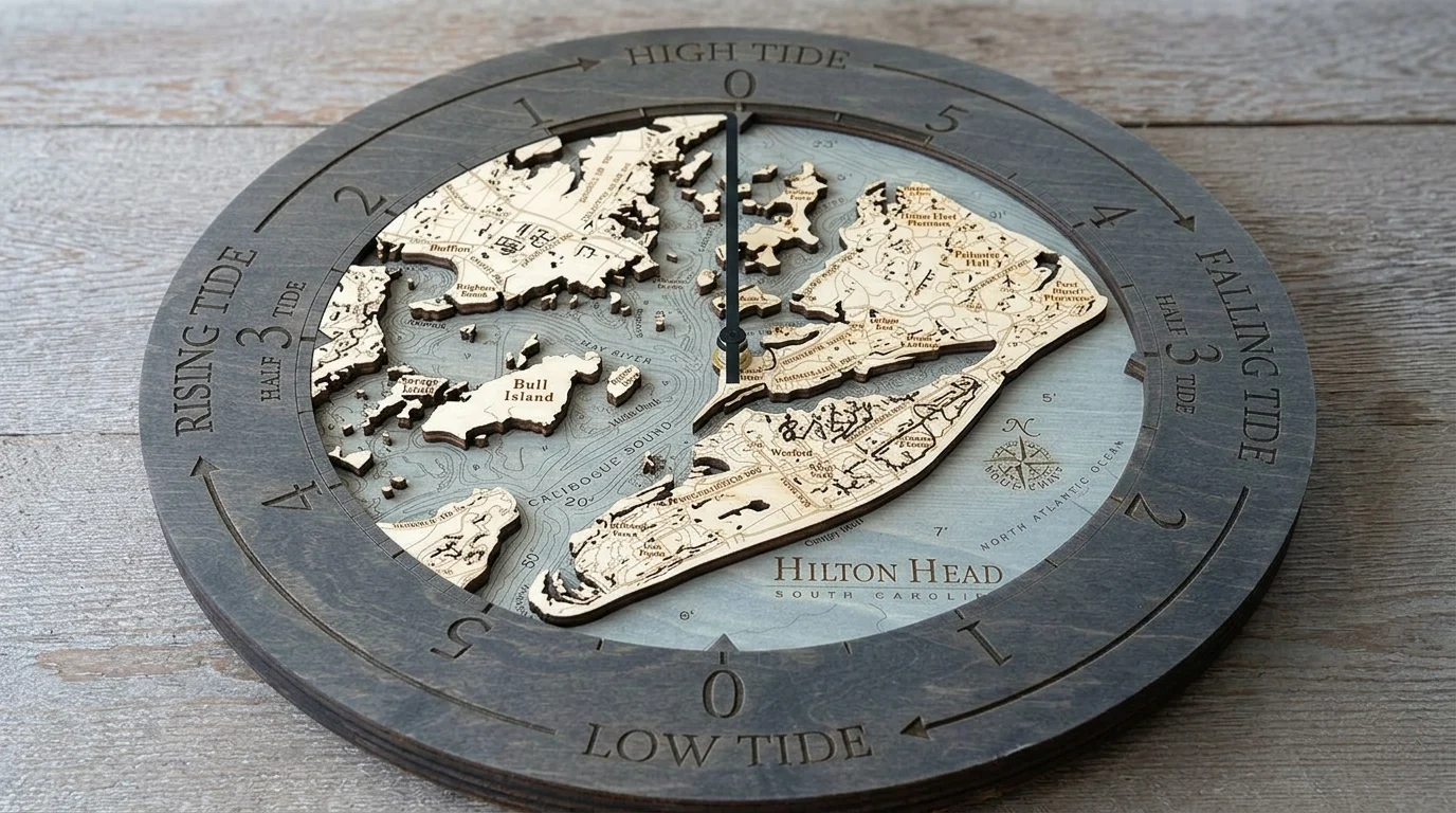 Hilton Head tide clock with marked high and low tide levels on a circular display.