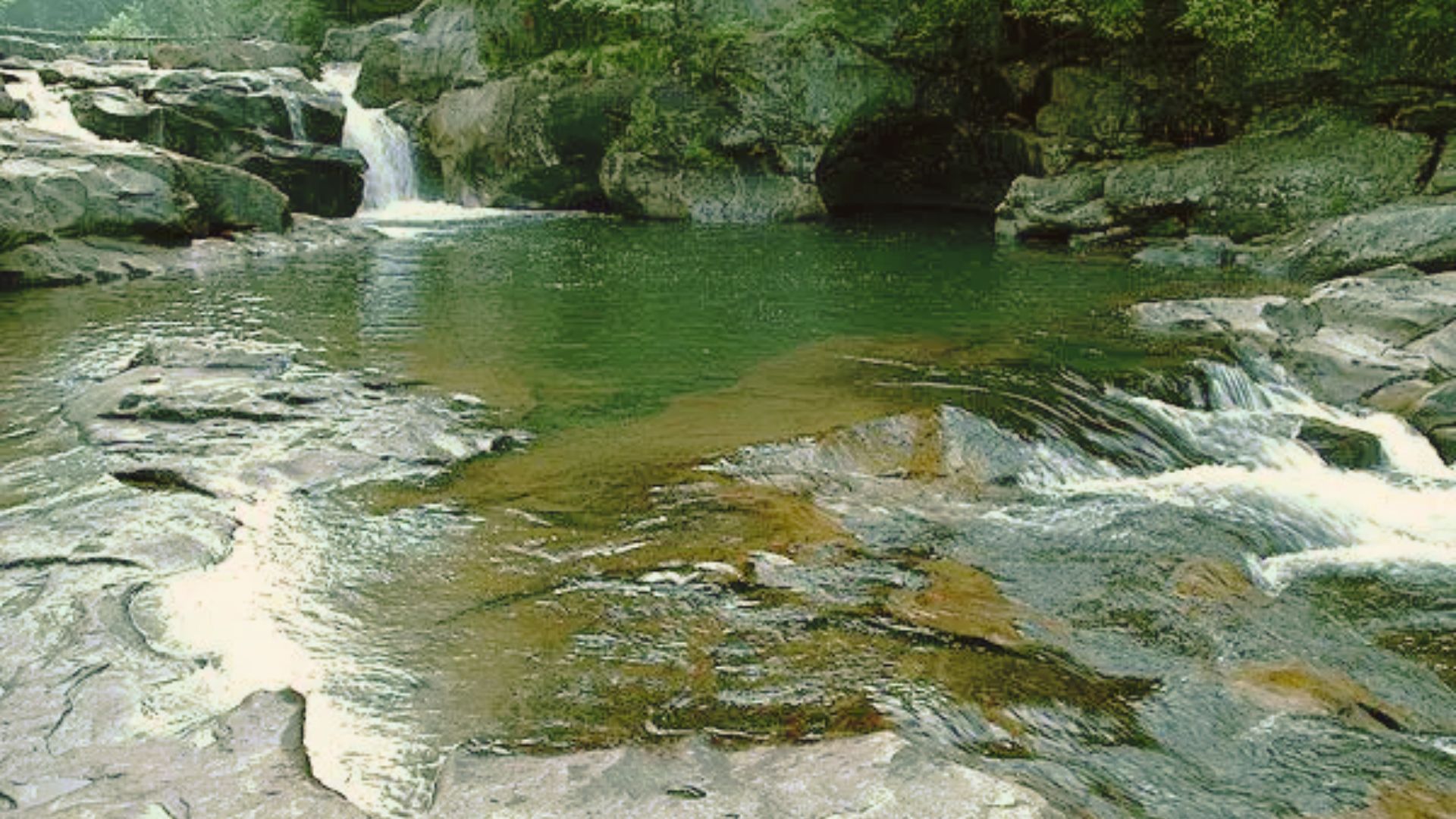 Jacks River Falls with water flowing into a clear pool between large rocks and green trees.