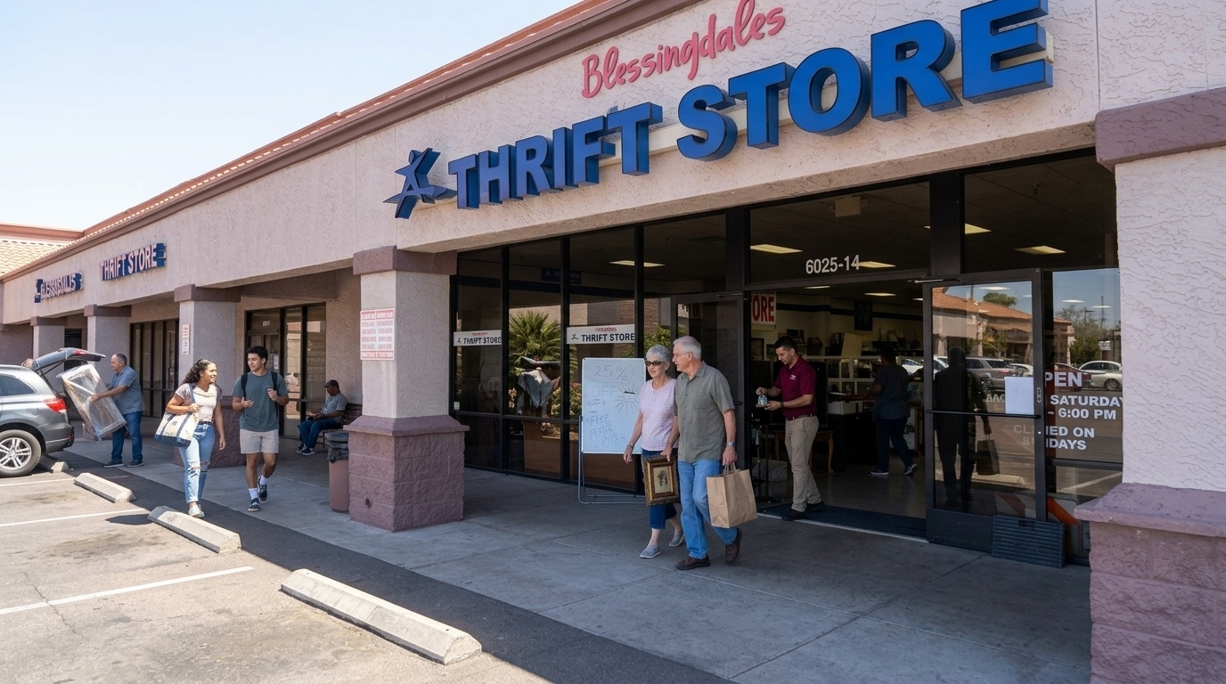 Blessingdales Thrift Store in Savannah GA shows locals leaving with art and 25% off sale deals.