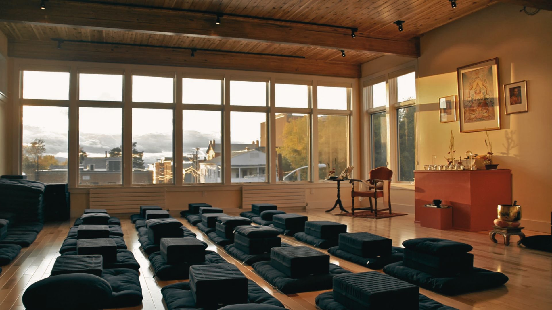 Meditation cushions arranged inside Shambhala Meditation Center.