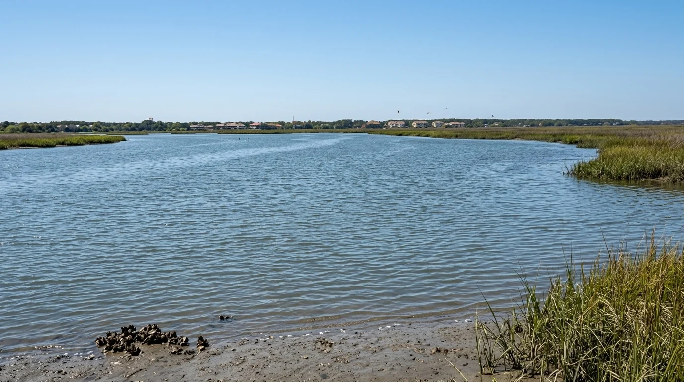 Calm tidal creek with marsh grass, shallow shoreline, and open water under clear blue sky.