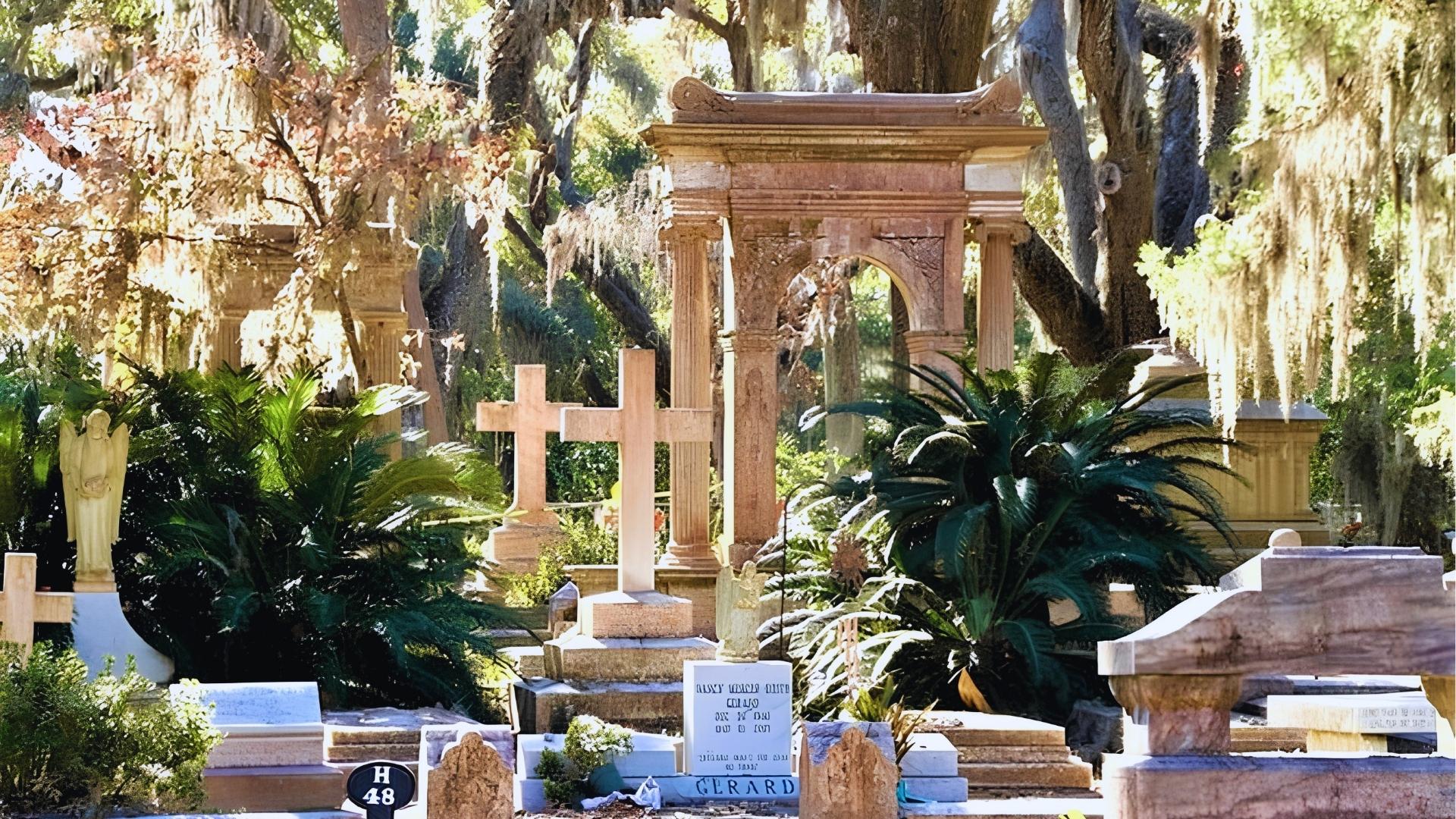 Historic Bonaventure Cemetery with ornate crosses and moss-draped oaks in Savannah, Georgia.
