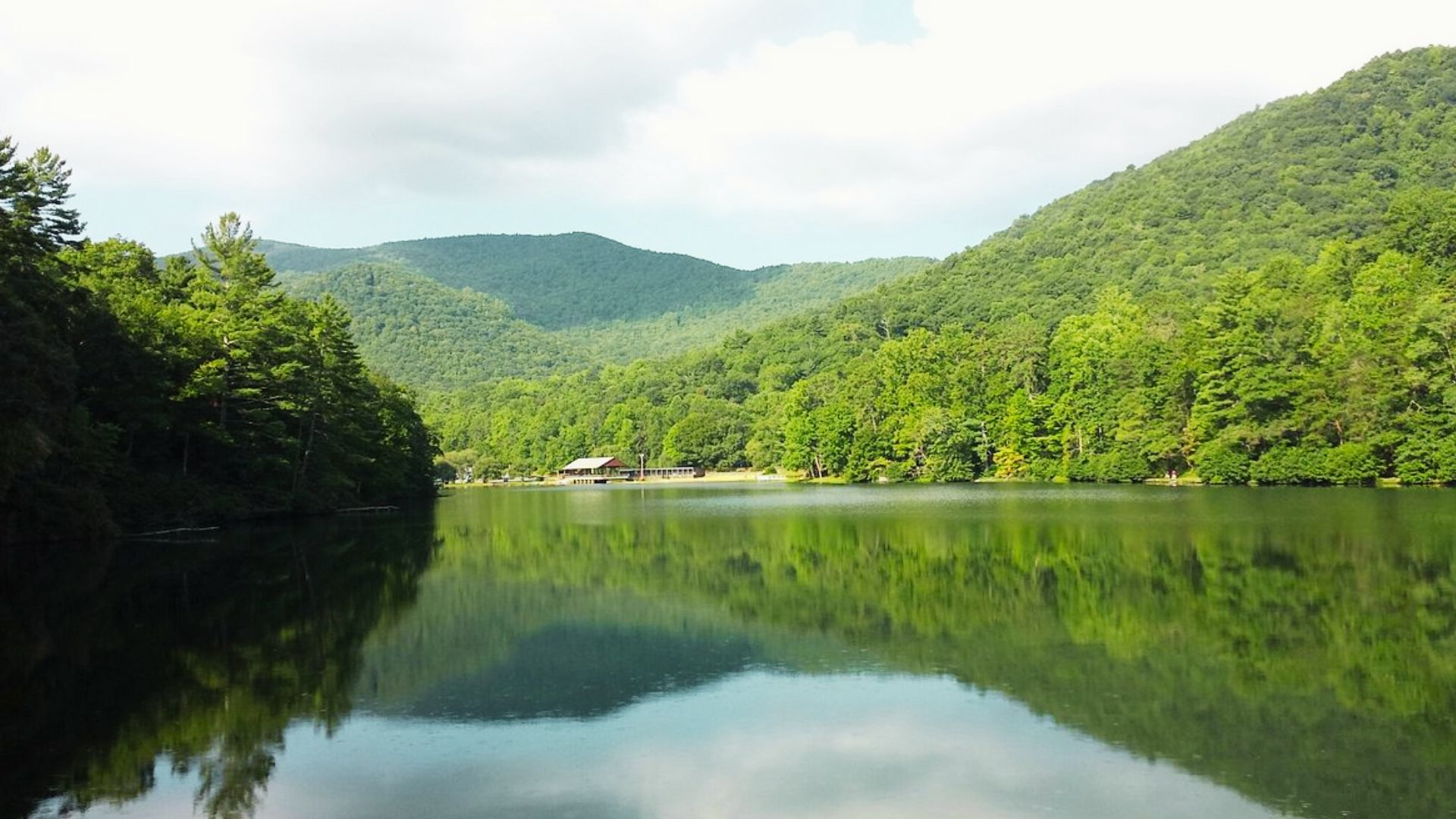 Calm lake reflects green trees and forested mountains under a cloudy sky at Vogel Park.