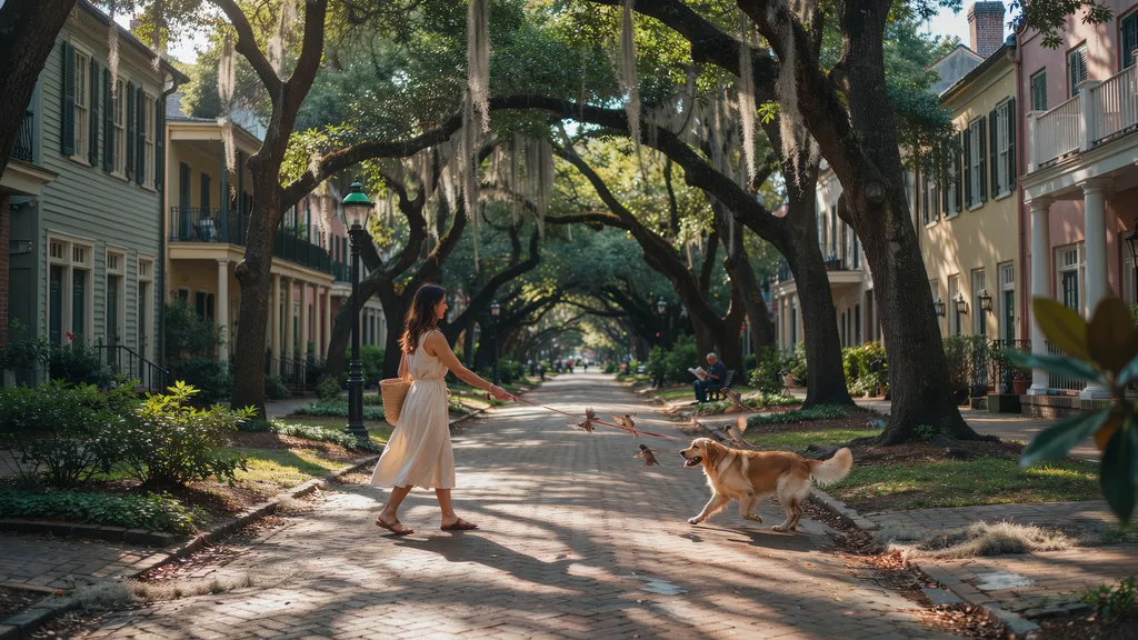 Dog enjoying a walk through Savannah's historic streets shaded by Spanish moss.