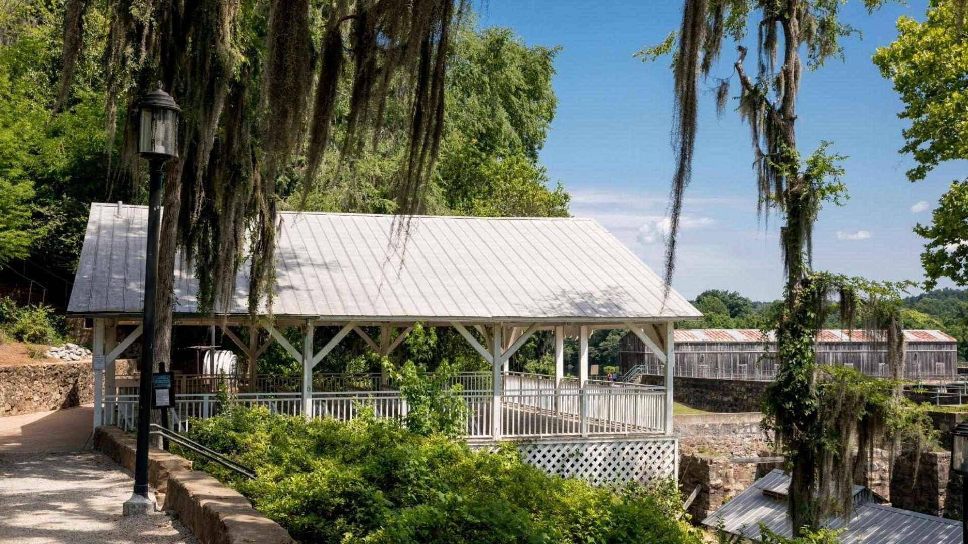 Historic white pavilion with Spanish moss near Butterbean Beach Savannah