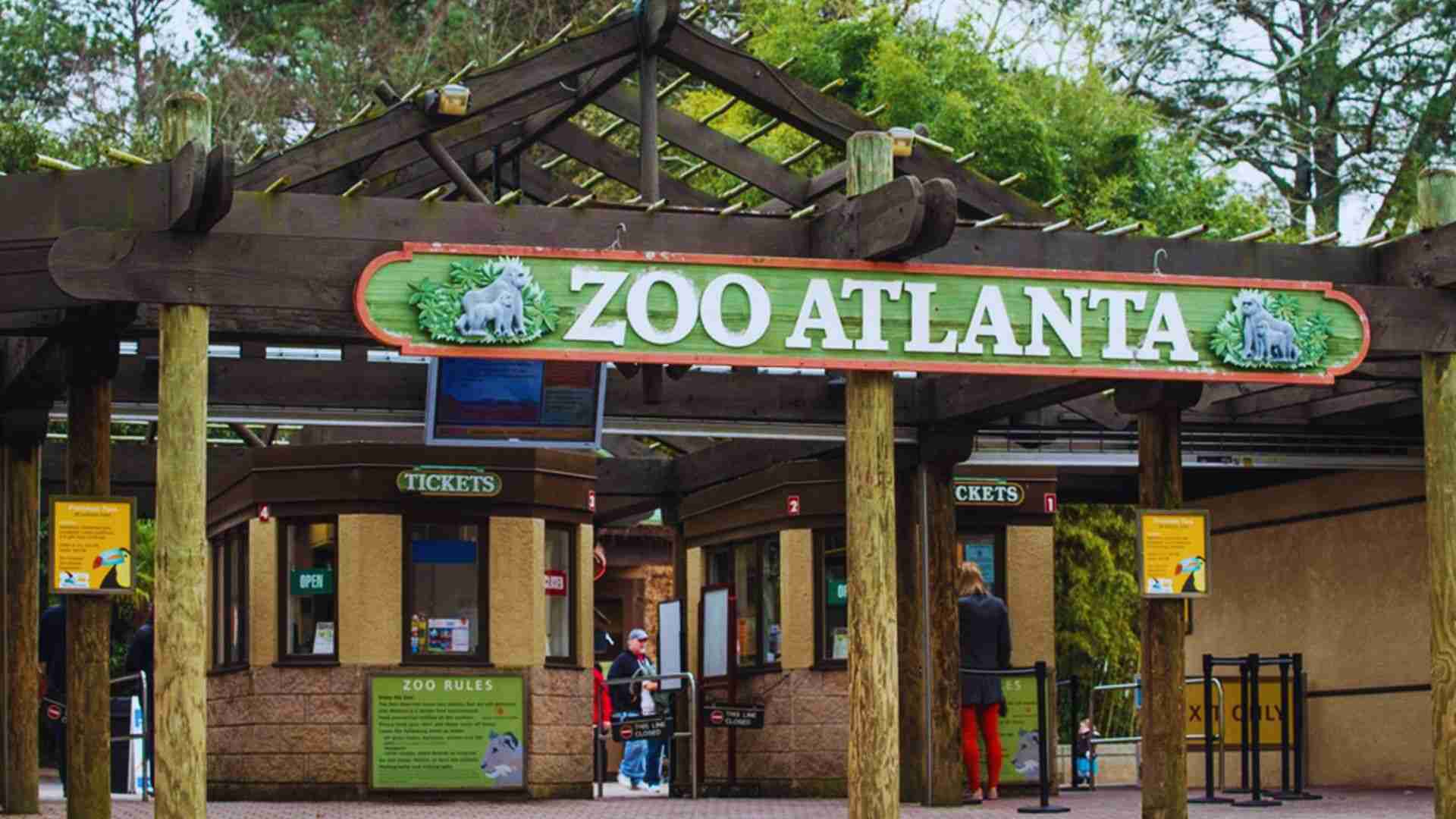 Zoo Atlanta entrance with wooden ticket booths and green signage welcoming visitors to wildlife attractions.