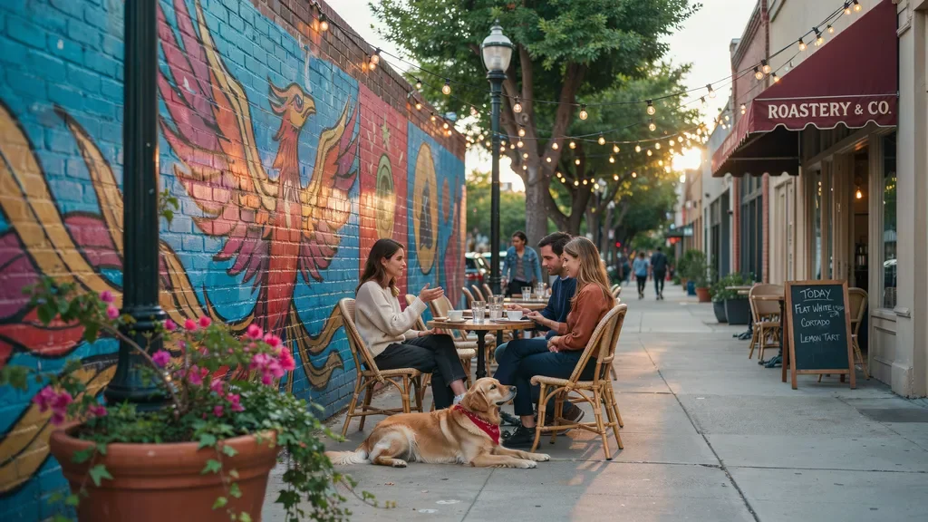 Outdoor dining scene in Savannah's artsy Starland District with dogs.