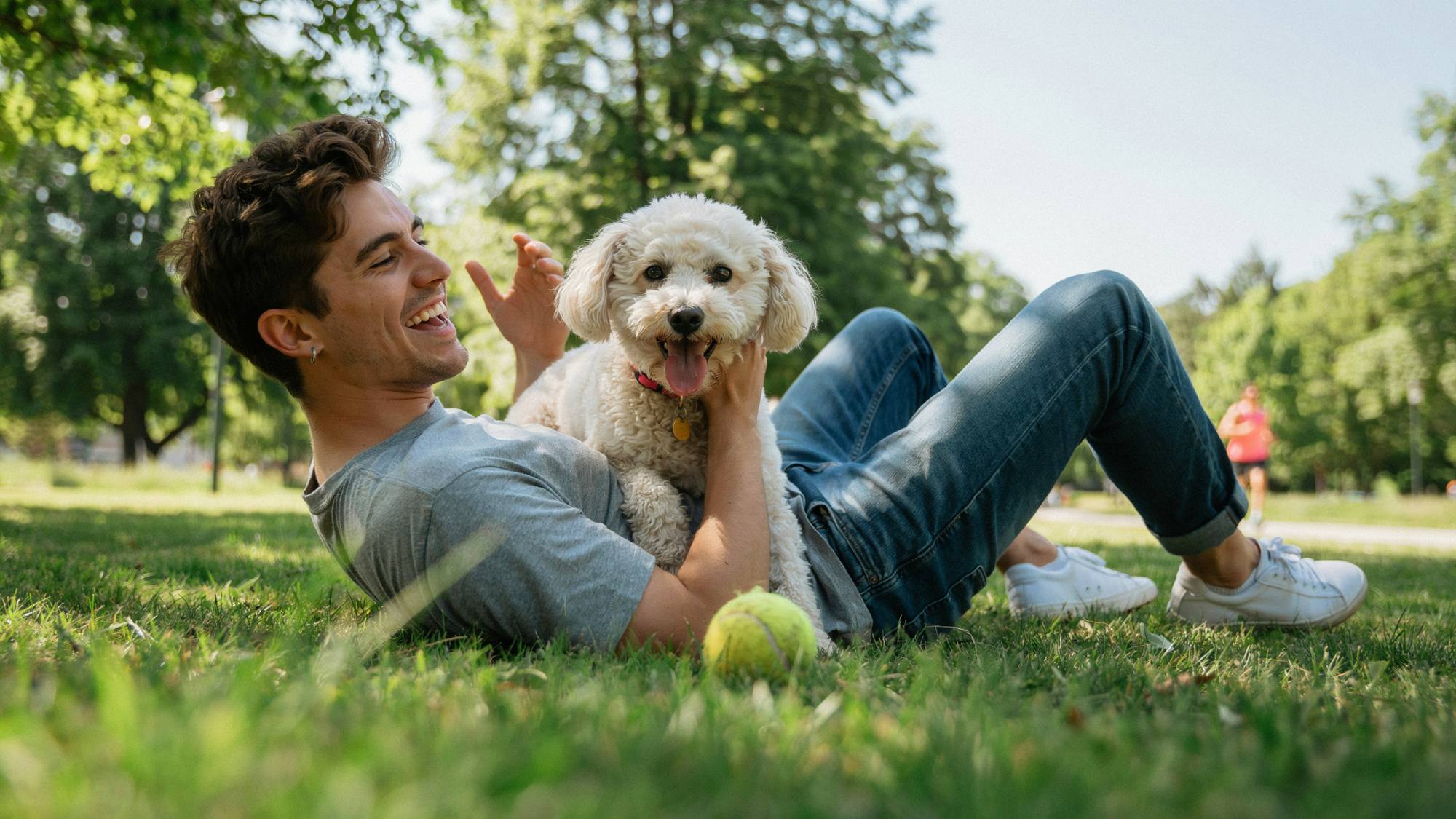 A person playing with a happy dog on the grass in the park during a sunny afternoon.
