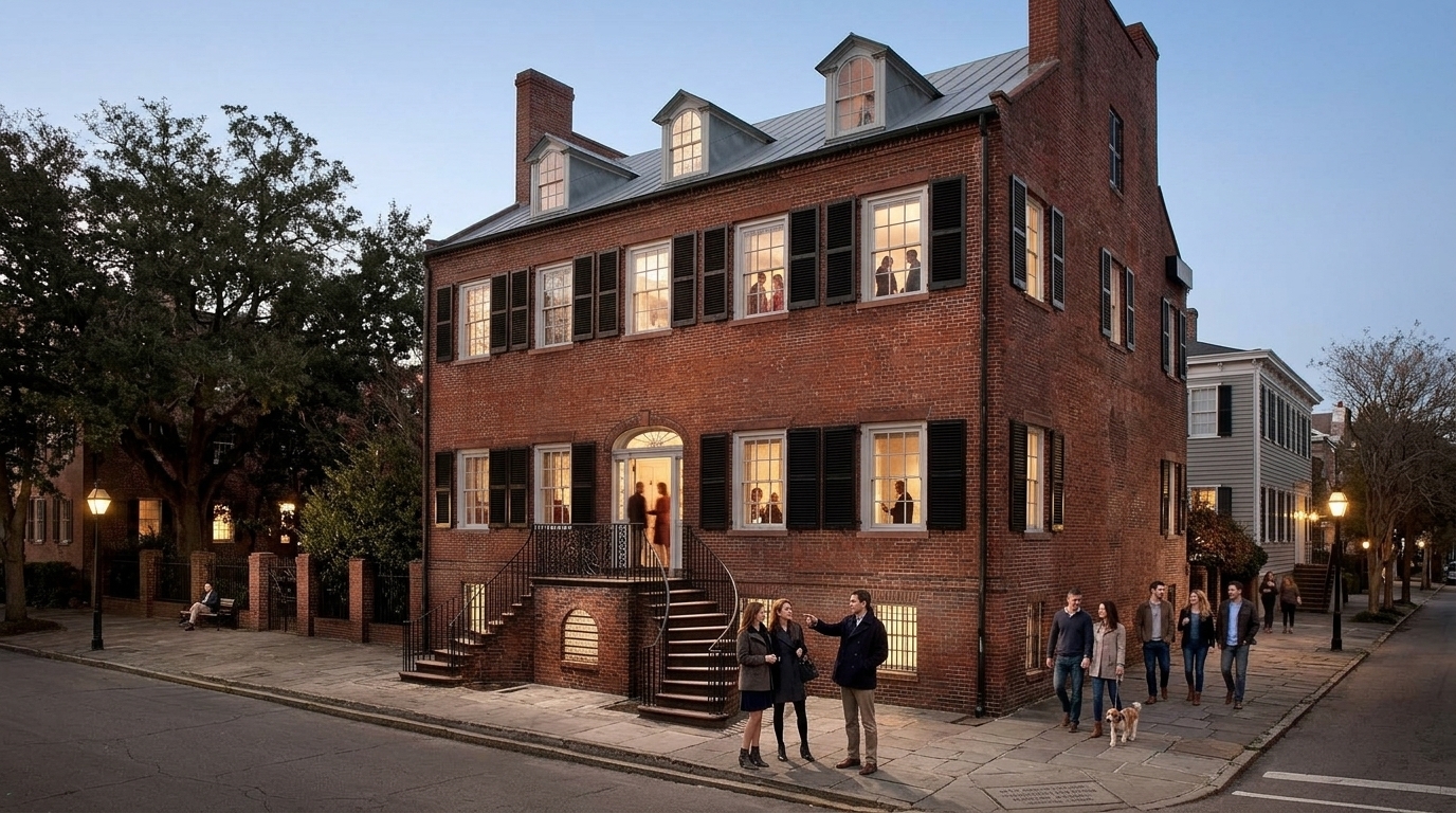 Tourists walk past historic brick Davenport House Museum at dusk in Savannah Historic District