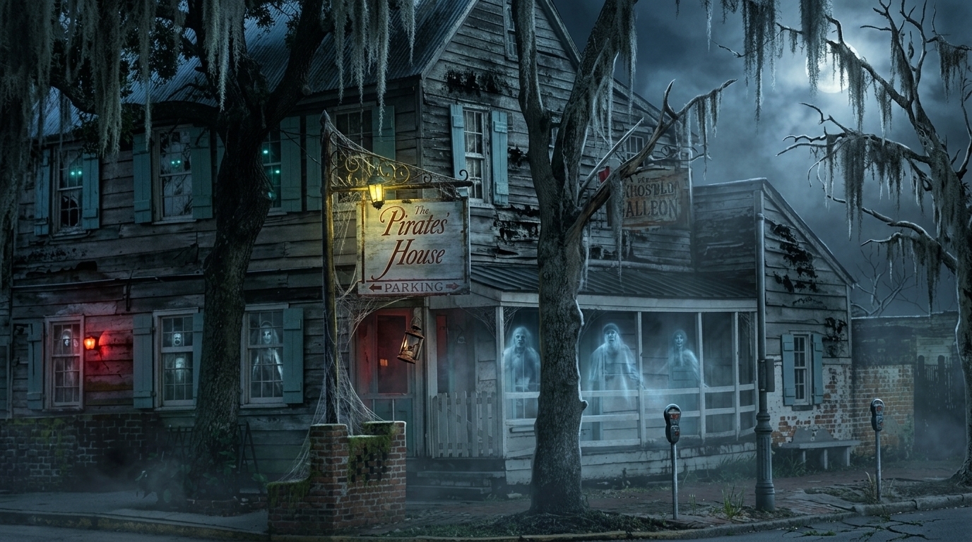 Haunted Pirates' House with ghosts, Spanish moss, and full moon for Savannah ghost tour night.