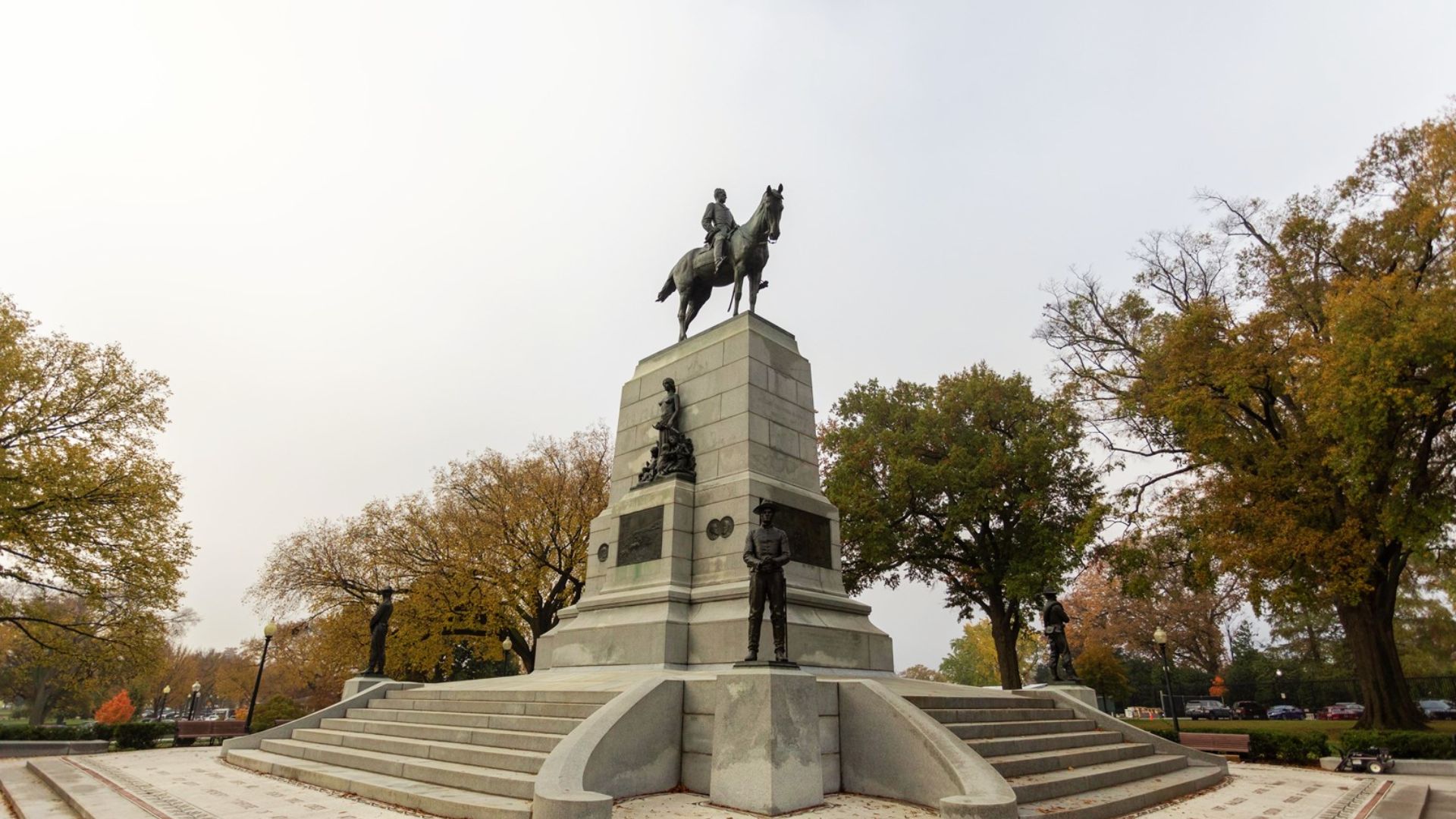 Ulysses S. Grant Memorial statue on horseback surrounded by fall trees in Washington, D.C.