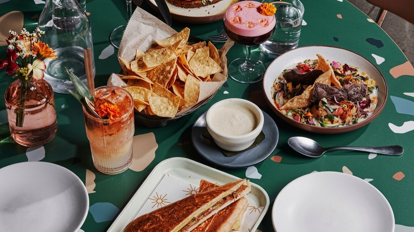 Vibrant Atlanta table spread with tacos, tortilla chips, queso dip and cocktails on green table