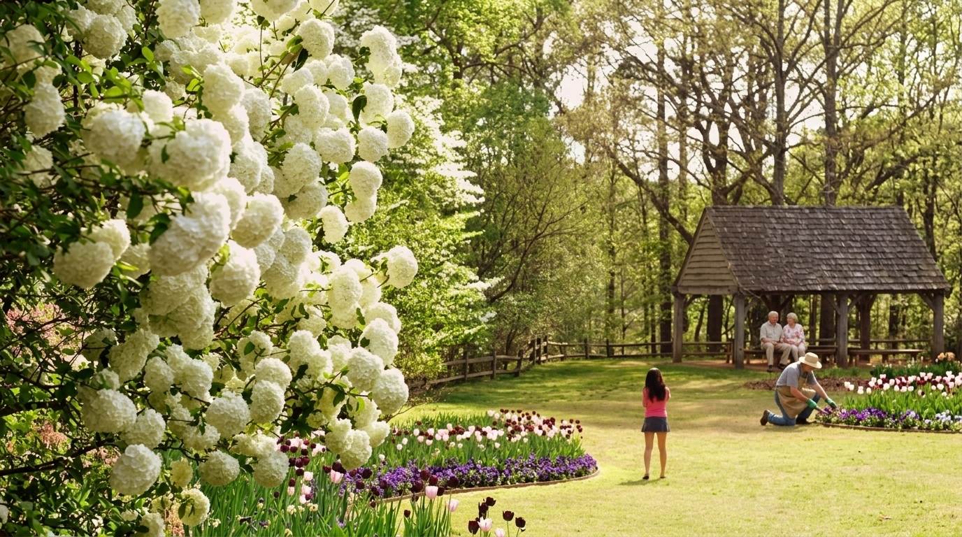 Family enjoying vibrant spring flower gardens with white hydrangeas and tulip beds
