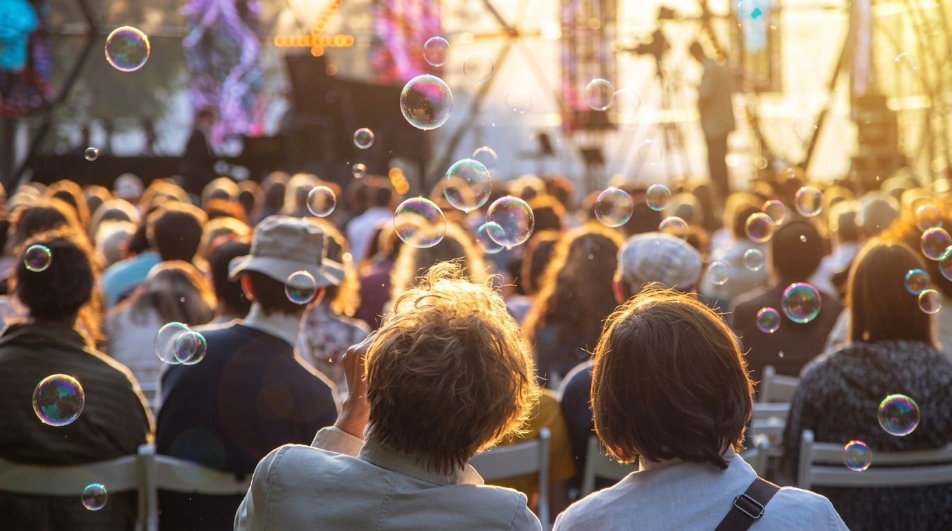 Bubbles drift over a seated crowd at sunset during the Savannah Food and Wine Festival music event.