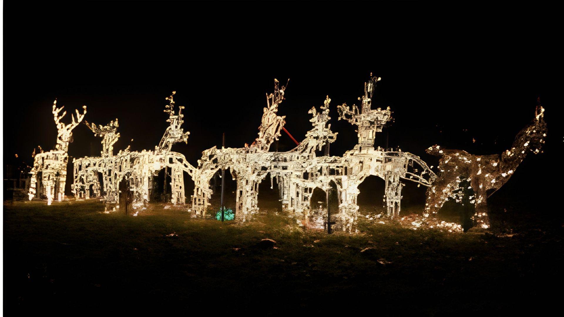 Outdoor Christmas light display in Savannah showing illuminated reindeer and castle sculptures glowing brightly against dark night sky