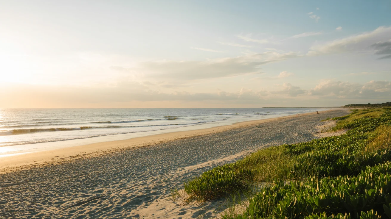 Sandy beach with gentle ocean waves, green dunes, open shoreline, and soft evening light.