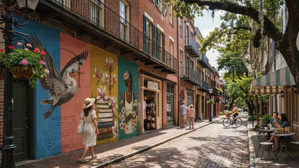 Artistic streets in Savannah's Starland District with murals and local businesses.