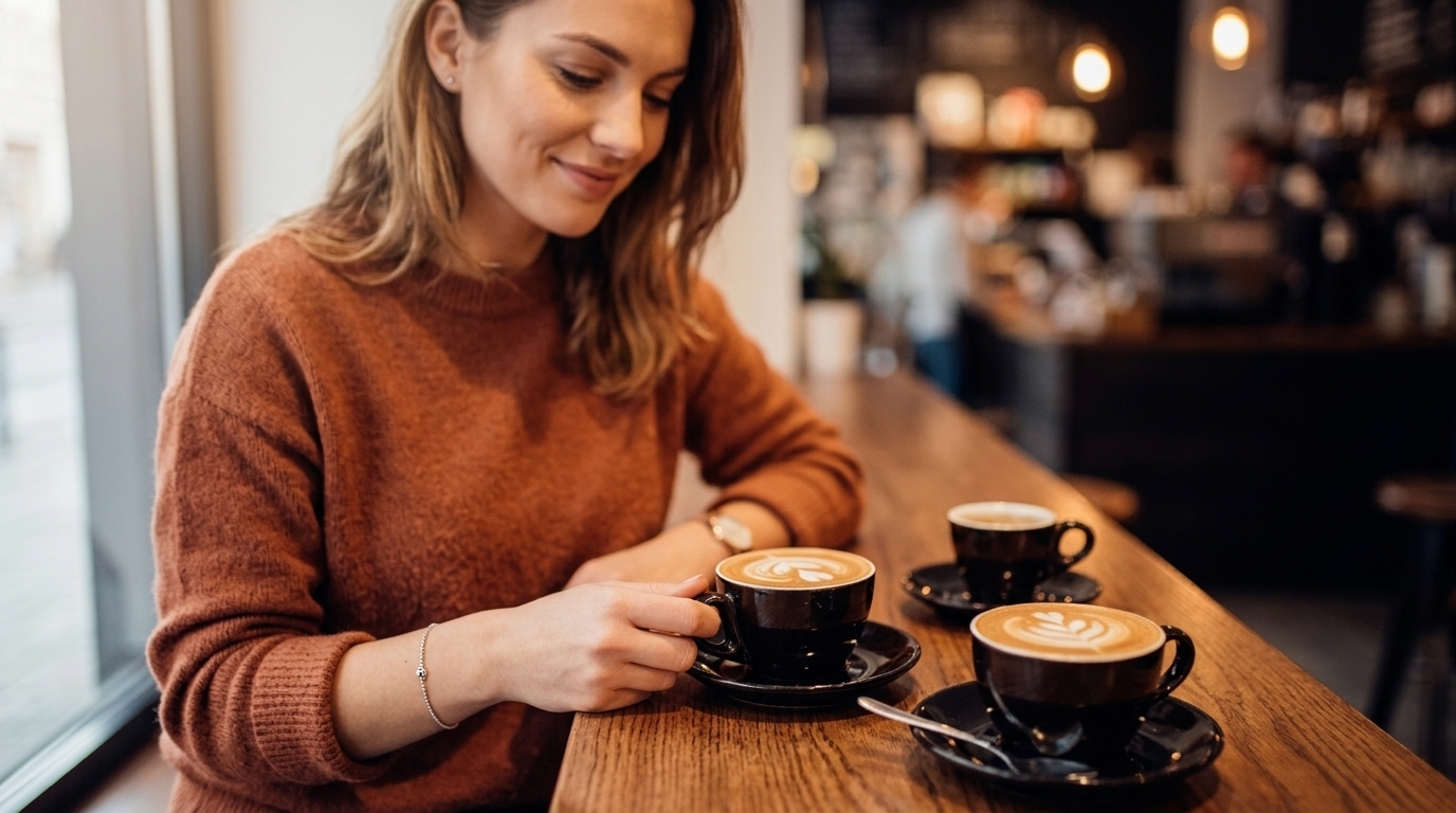 A smiling woman enjoys latte art at a cozy Savannah coffee bar with warm wood and cafe lights.