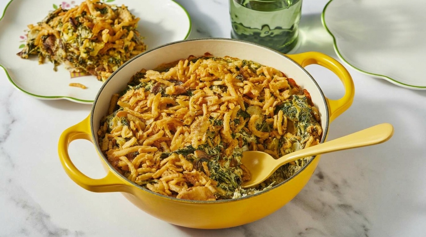 image of creamy baked Artichoke Spinach Casserole.