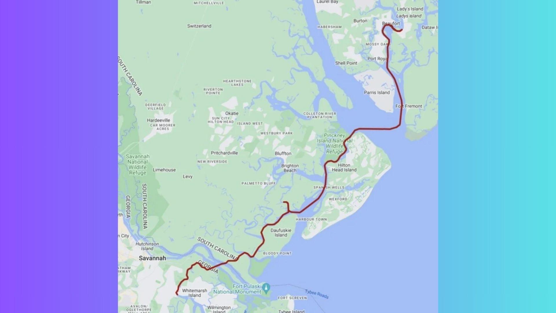 Map route indicating route from Beaufort SC to Savannah GA.