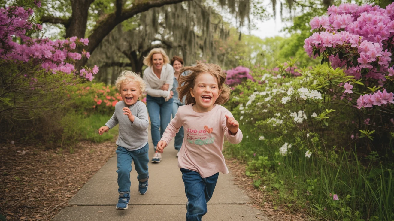 Children running on a garden path with pink flowers and spring blooms, and two adults running after them.