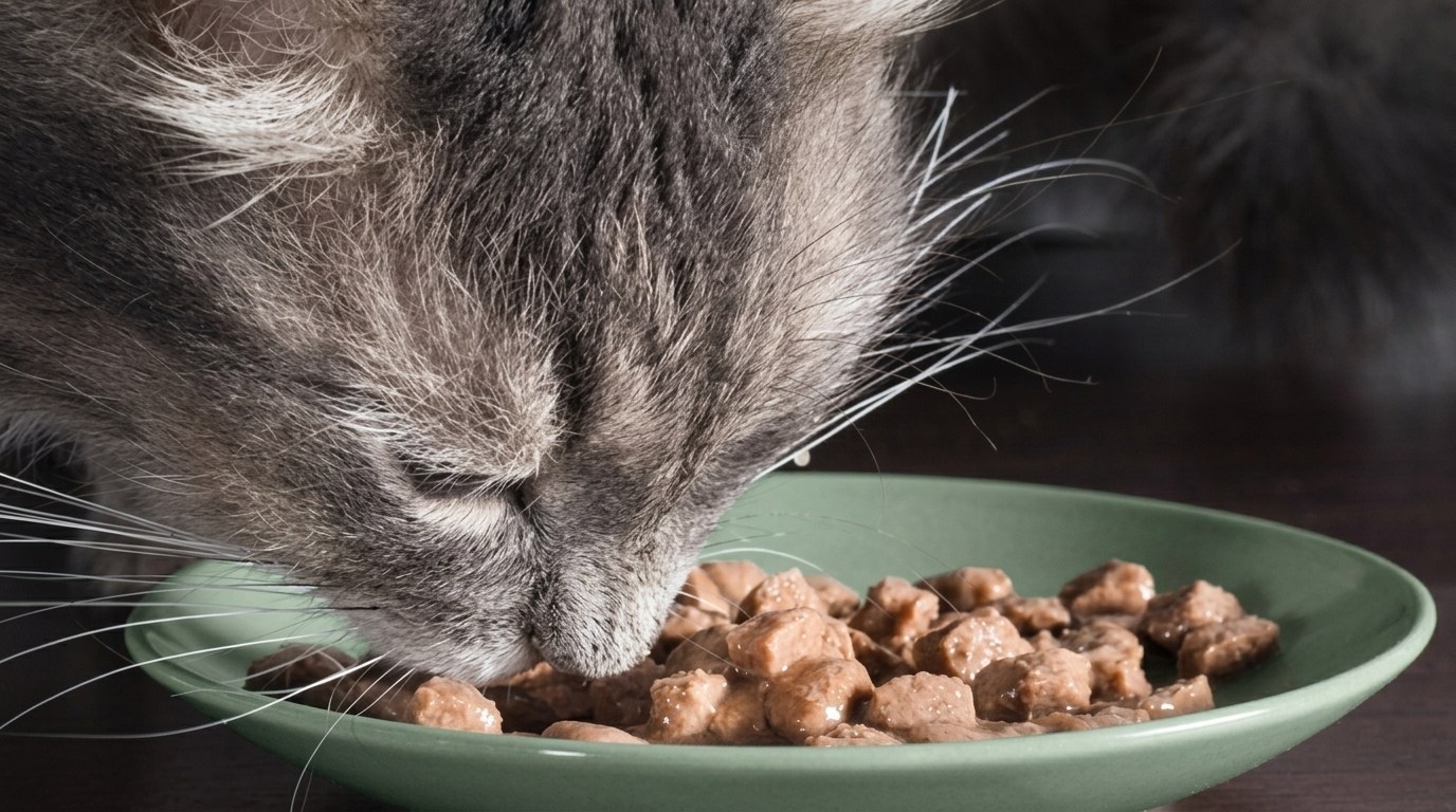 "Grey cat eating wet food chunks from green bowl for balanced diet"