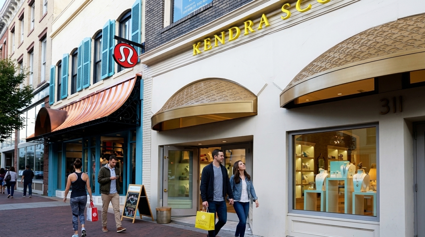 Couple shops with Kendra Scott bags on Broughton Street past Lululemon in Savannah GA.