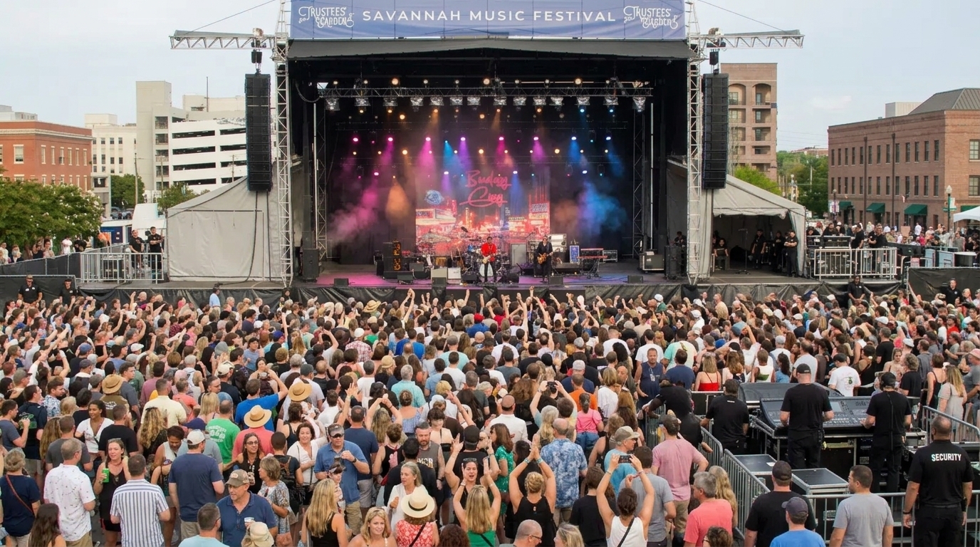 Crowds enjoy live music on the main stage at Savannah Music Festival during city events.