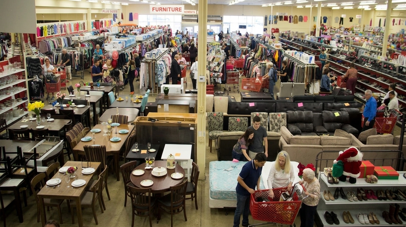 Warehouse-style Savannah GA thrift with furniture, mattresses, carts, clothes, and holiday decor.
