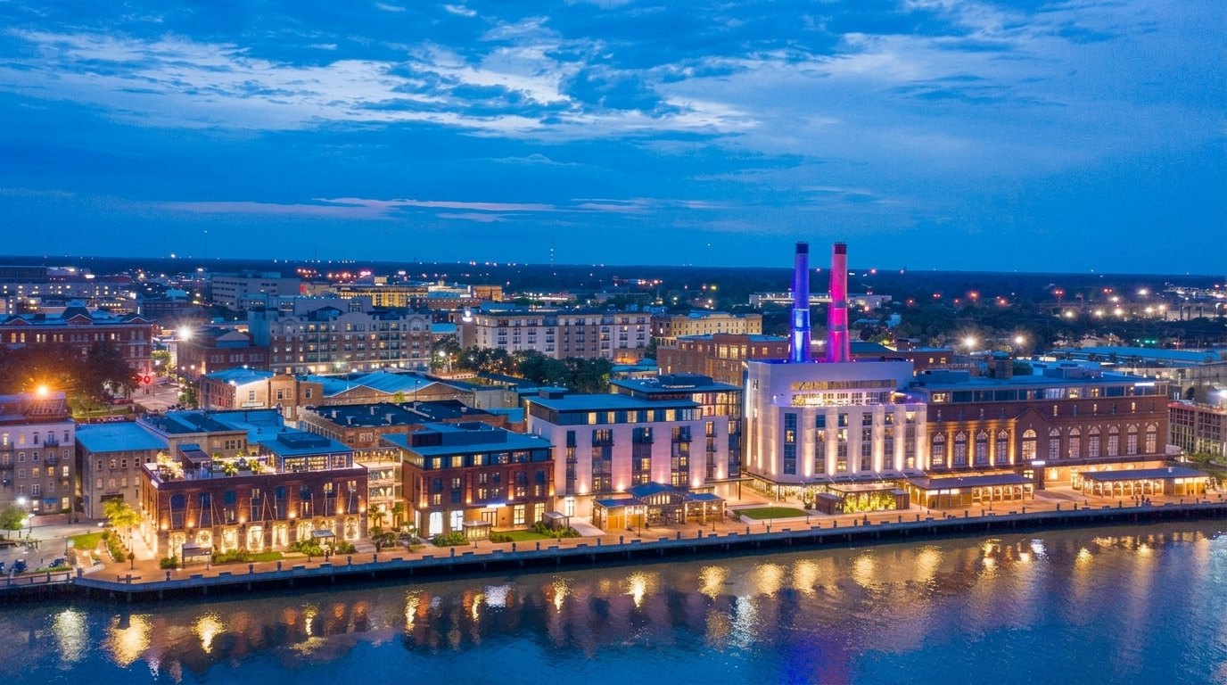 evening view of Plant Riverside district.
