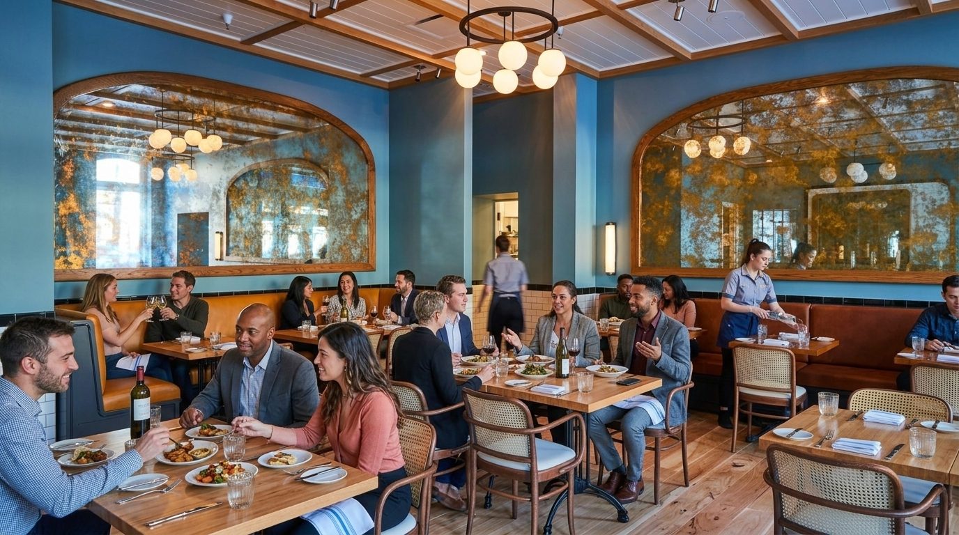 Savannah cafe with blue walls, gold mirrors, and busy tables. Business lunch groups enjoy wine and lunch.