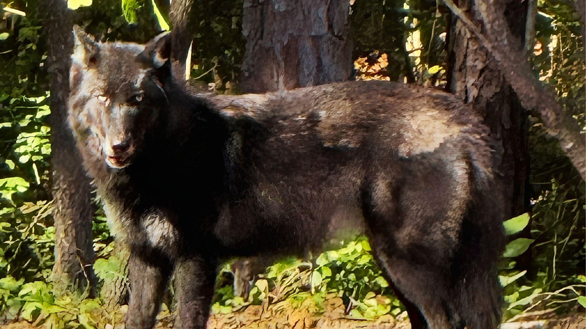 Dark-coated wolf walking through sunlit forest with trees and green undergrowth.